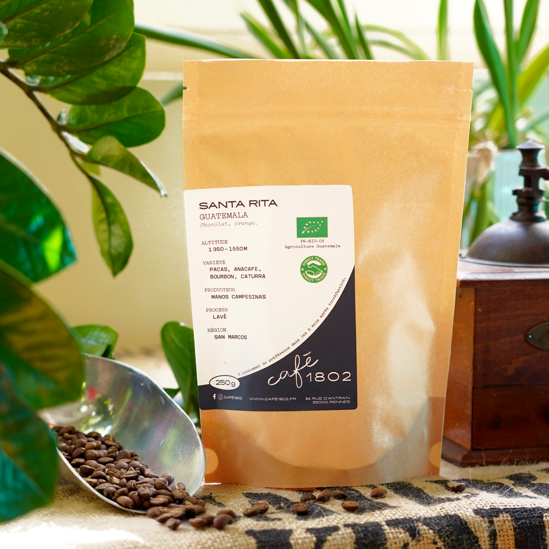 Photo d'un sachet de café de spécialité café 1802. Torréfaction en Bretagne de haute qualité.