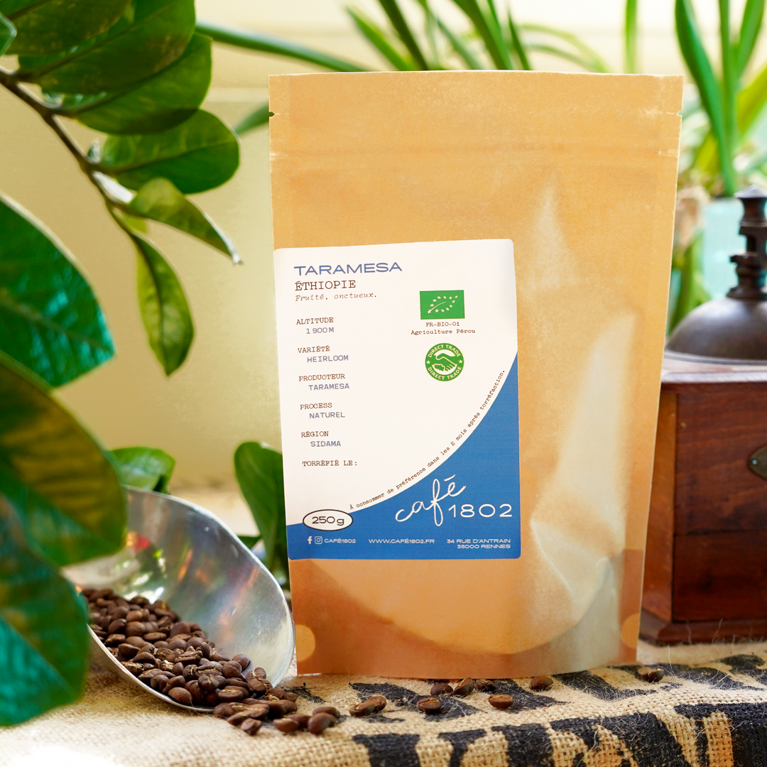 Photo d'un sachet de café de spécialité café 1802. Torréfaction en Bretagne de haute qualité.
